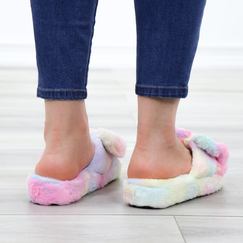 Bow Tie Furry Slip On Tie Dye Slippers - Picture 10 of 16